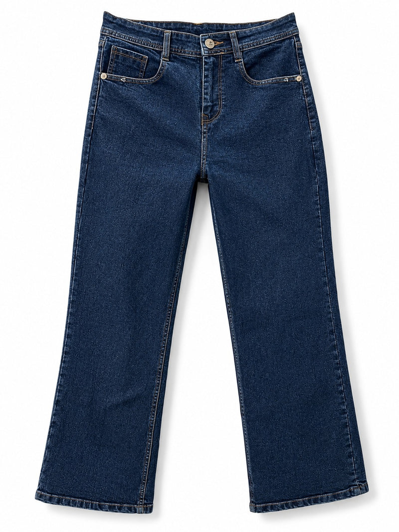 Dark blue denim jeans with contrast stitching, front pockets and belt loops