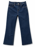 Dark blue denim jeans with contrast stitching, front pockets and belt loops